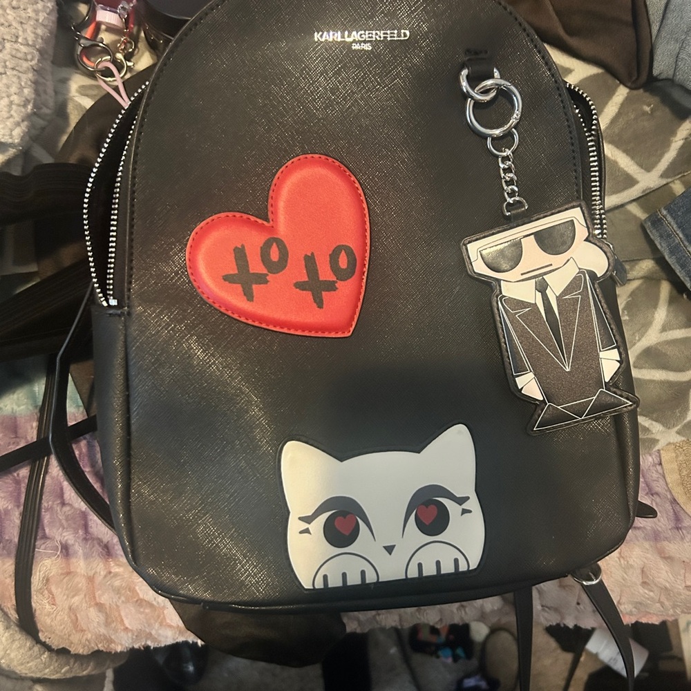 Karl Lagerfeld Black Mini Backpack with Red Heart and White Cat Motifs